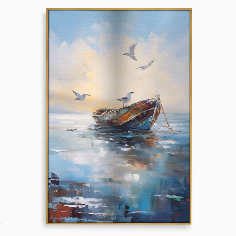 Tablou canvas cu tablou canvas cu barca si pescarusi, in rama de aluminiu auriu